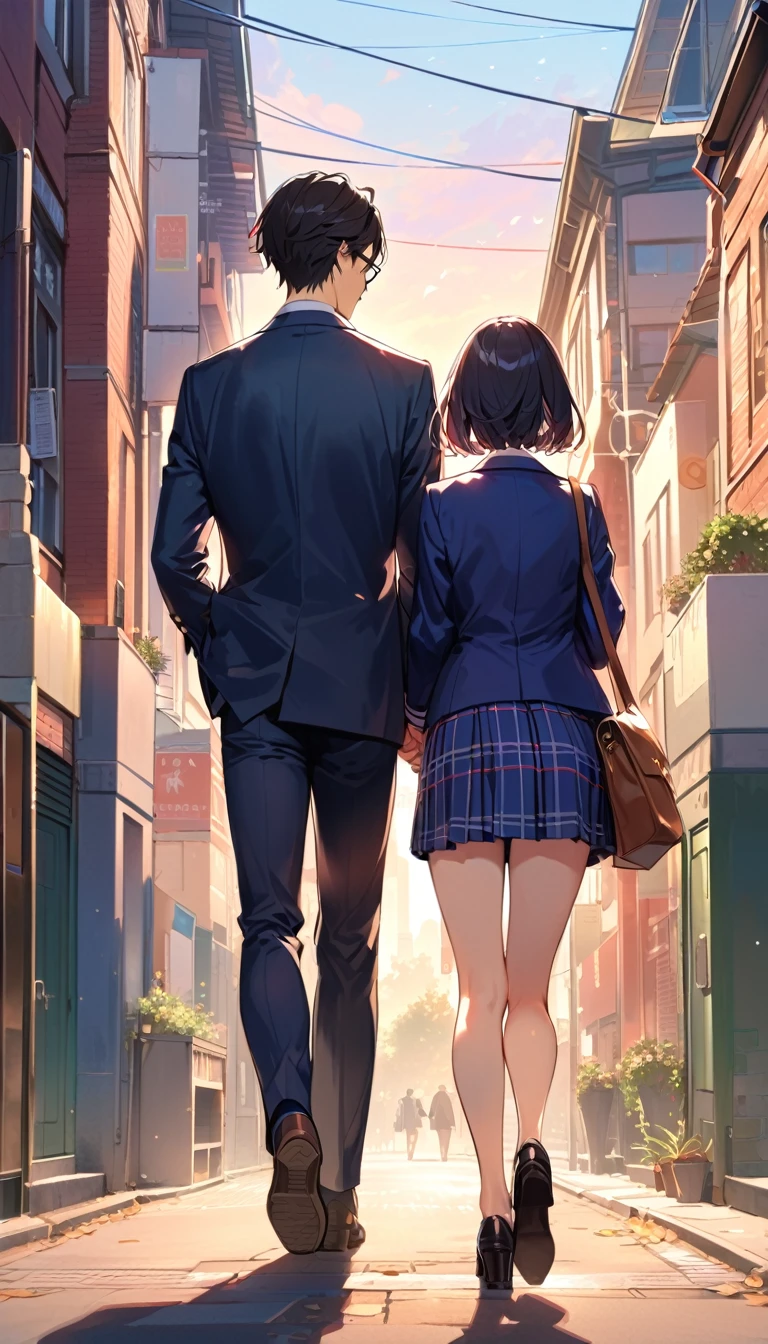 A high school couple walking home together,whole body, ((Back view)),A high school girl with black short bob hair, wearing a navy blazer and a handsome boy, Black Hair, Short Hair,Glasses, blazer,