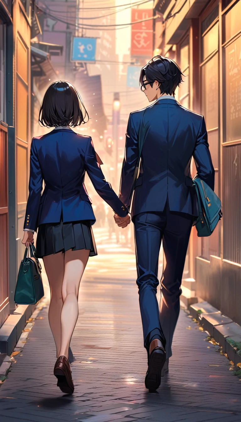 A high school couple walking home together,whole body, ((Back view)),A high school girl with black short bob hair, wearing a navy blazer and a handsome boy, Black Hair, Short Hair,Glasses, blazer,