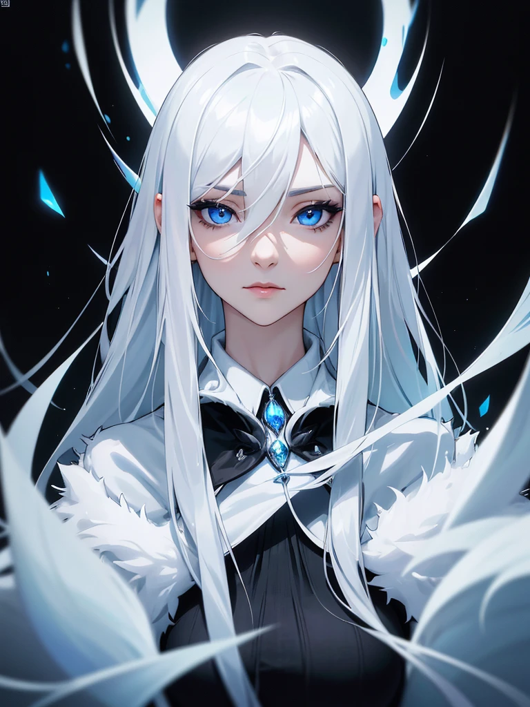 (((Portrait Photo))), She has the Appearance of a Cold and Elegant Woman, with a Slim, Slender Build, Exuding Grace and Poise. Her Extremely Long Silvery White Hair Falls Gracefully Over Her Figure, Reflecting a Subtle Icy Luminescence. Her Piercing Blue Eyes Hold a Depth of Intelligence and Enigmatic Allure, Captivating Anyone Who Meets Her Gaze. Her Expression is Calm and Composed, with a Hint of Intrigue and Quiet Strength, Reflecting Her Dignified Presence and Unyielding Spirit. (((Dark Background))), (((Portrait Photo))), (((Crisp White Shirt))), (((Black Fur Coat))), (((Hair Between Eyes)))