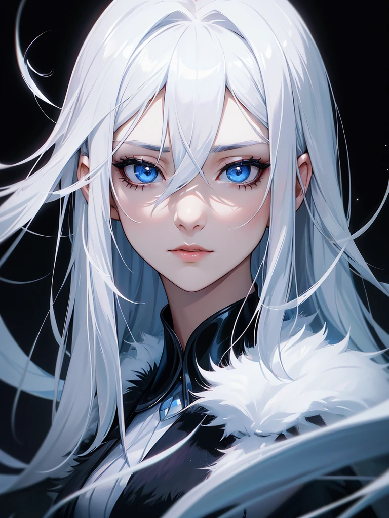 (((Portrait Photo))), She has the Appearance of a Cold and Elegant Woman, with a Slim, Slender Build, Exuding Grace and Poise. Her Extremely Long Silvery White Hair Falls Gracefully Over Her Figure, Reflecting a Subtle Icy Luminescence. Her Piercing Blue Eyes Hold a Depth of Intelligence and Enigmatic Allure, Captivating Anyone Who Meets Her Gaze. Her Expression is Calm and Composed, with a Hint of Intrigue and Quiet Strength, Reflecting Her Dignified Presence and Unyielding Spirit. (((Dark Background))), (((Portrait Photo))), (((Crisp White Shirt))), (((Black Fur Coat))), (((Hair Between Eyes)))