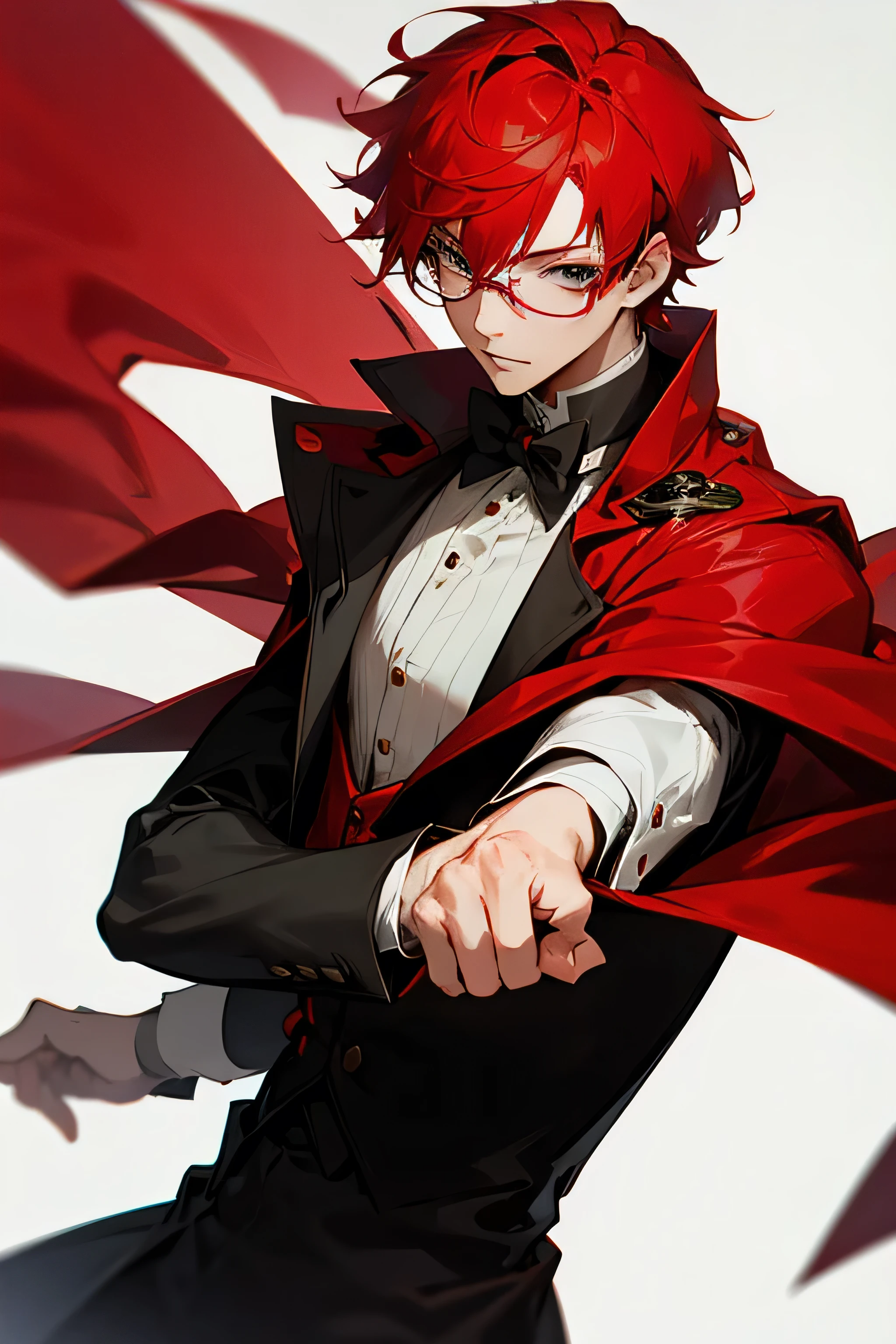 Anime guy with red hair, short hair, with glasses, wearing red coat like butler.