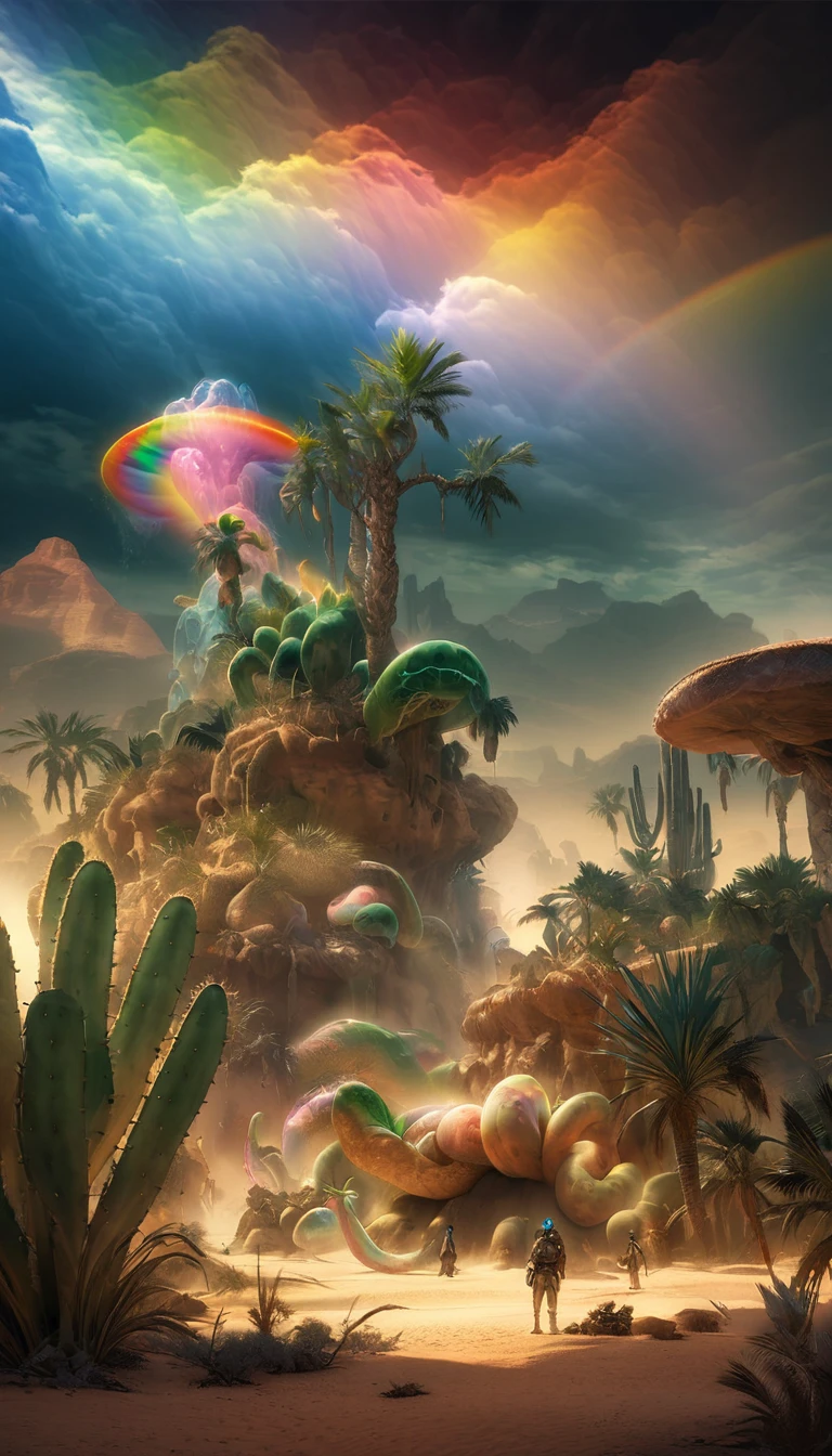 Tropical desert, oasis, Mirage Sand Storm Bottom, Dim light,Huge cactus,Python, Transparent Translucent Alien (Hidden in the mirage) Transparent translucent rainbow alien (Disguised as a tentacle cloud), Control sandstorms, Fantasy Art