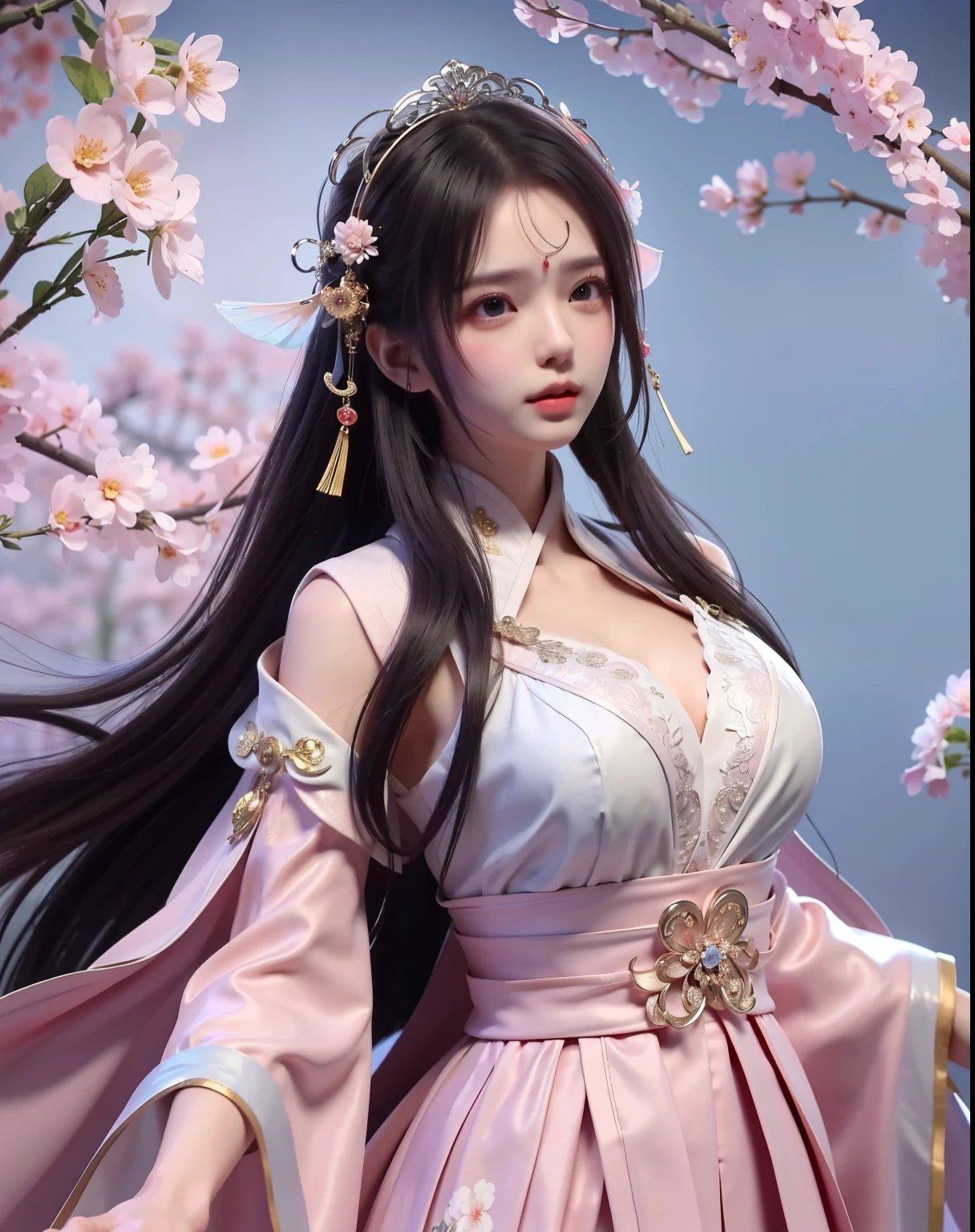 (8k, RAW photo:1.2), best quality, ultra high res,dramatic angle,(fluttered detailed color splashs), (illustration),(((1 girl))),(long hair),(rain:0.9), (Headdress:1.4),There is an ancient palace beside the girl,Hanfu,(Key Points),Color ink painting,(Splash of Color),Splash of Color,(((colorful))),(sketch:0.8) , Masterpiece, best quality, beautiful painted, highly detailed,(denoising:0.6),[splash ink],((ink refraction)), (beautiful detailed sky),moon,highly,detaild,(masterpiece, best quality, extremely detailed） CG Unity 8k Wallpaper，masterpiece，best quality，Ultra Detailed），（Lycoris）. hanfu open v   open V-chested clothes Thin silk lace dress , (huge ，cleavage),, white pinkand gren，best qualtiy，tmasterpiece，Ultra-high resolution，（Reality：1.4），RAW photogr，（True skin texture：1.3），（filmgrain：1.3），（Selfie angle），1个Giant Breast Girl，Beautiful eye and face details，tmasterpiece，Best quality at best，，The chest more exposed， detailed hair, bra pink , detail 8k, upper body, lace petticoat