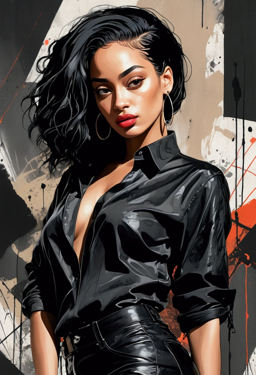 Jorja Smith, aesthetic, painterly style, modern ink, sensual, sultry, dark blouse, expressive pose, urbanpunk, abstract texture multilayer background, neo-expressionist, Russ Mills, Ian Miller