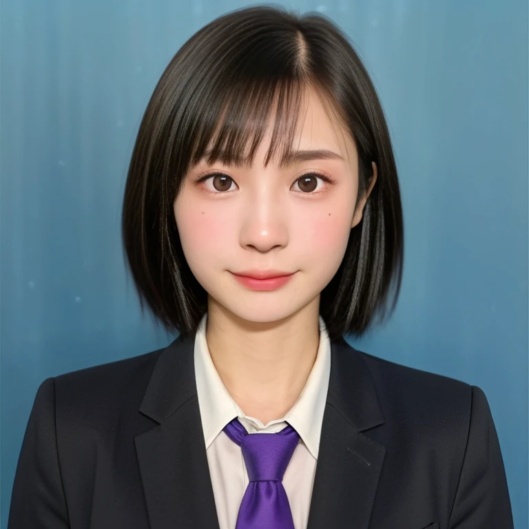 (kawaii 18 year-old Japanese girl, Nogizaka idol, Korean idol, highschool student), healthy female athlete body, (glossy black hair, very short hair, pixie cut, bangs:1.3), (rounded face, beautiful black eyes, single eyelid, no makeup, no expression:1.2), (wearing suit jacket, collared shirt, necktie:1.3), extra small breasts, (looking at viewer:1.2), BREAK, (simple blue background, yearbook background:1.3), (portrait, id photo, bust shot, view from vertically straight forward:1.3), BREAK, (masterpiece, best quality, photo realistic, official art:1.4), (UHD, 8K quality wallpaper, high resolution, raw photo, golden ratio:1.3), (shiny skin), professional lighting, physically based rendering, award winning, (highly detailed skin, extremely detailed face and eyes), Carl Zeiss 85 mm F/1.4, depth of field, 1girl, solo,