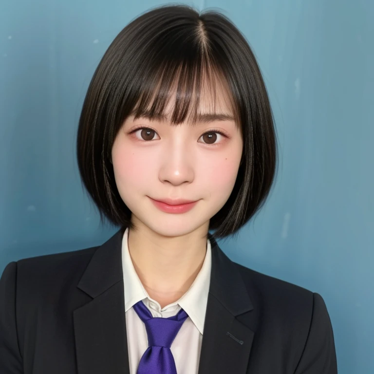 (kawaii 18 year-old Japanese girl, Nogizaka idol, Korean idol, highschool student), healthy female athlete body, (glossy black hair, very short hair, pixie cut, bangs:1.3), (rounded face, beautiful black eyes, single eyelid, no makeup, no expression:1.2), (wearing suit jacket, collared shirt, necktie:1.3), extra small breasts, (looking at viewer:1.2), BREAK, (simple blue background, yearbook background:1.3), (portrait, id photo, bust shot, view from vertically straight forward:1.3), BREAK, (masterpiece, best quality, photo realistic, official art:1.4), (UHD, 8K quality wallpaper, high resolution, raw photo, golden ratio:1.3), (shiny skin), professional lighting, physically based rendering, award winning, (highly detailed skin, extremely detailed face and eyes), Carl Zeiss 85 mm F/1.4, depth of field, 1girl, solo,