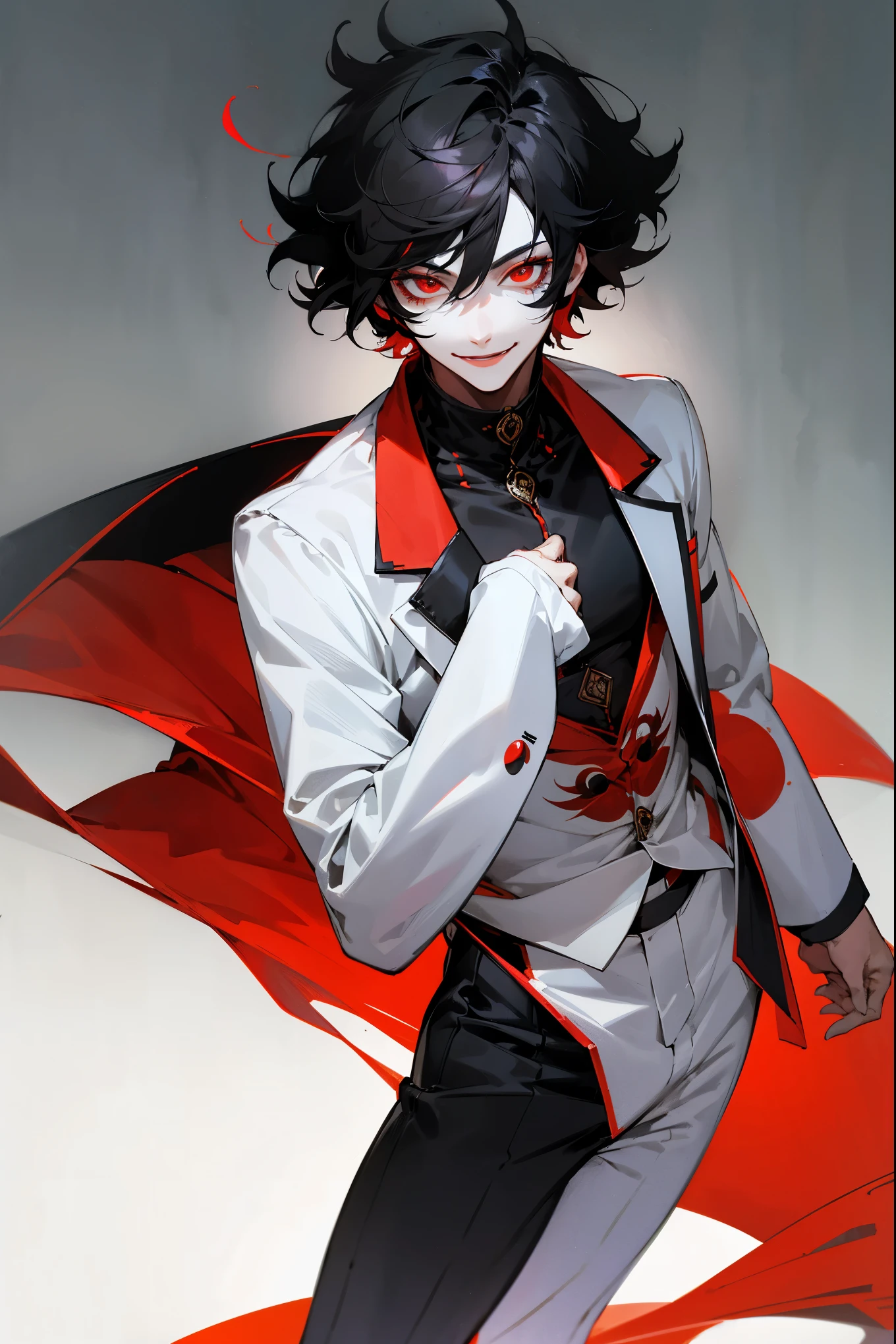 1male, black hair, short messy hair, white and black clown makeup, red eyes, red and white suit, hands to side, smiling, detailed face, black foggy background, standing on path