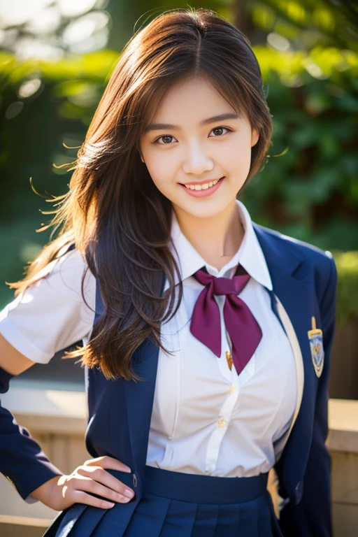 ((((full bodyesbian)))、((Girls' High School Uniforms))、((1a person)), ponytail hair、bob hair、hands on hip, Close to the subject、((Botanical Gardens))、(((smile)))、(((Girls' High School)))、((a beautiful girl))、((natural pose))、Photorealistic、Beautiful detailed face, Beautiful detailed eyes、Hyper-Realism、high contrast、Ultra HD、realistic skin textures、Top image quality、top-quality、超A high resolution、Fine details、Very meticulously、ample round bosom, high_angle_shot, the_cowboy_shot, bokeh night background)