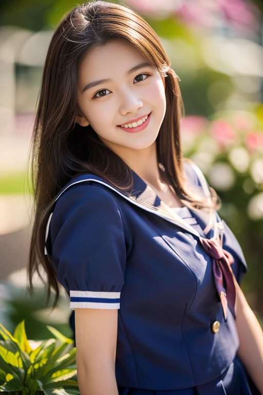 ((((full bodyesbian)))、((Girls' High School Uniforms))、((1a person)), ponytail hair、bob hair、hands on hip, Close to the subject、((Botanical Gardens))、(((smile)))、(((Girls' High School)))、((a beautiful girl))、((natural pose))、Photorealistic、Beautiful detailed face, Beautiful detailed eyes、Hyper-Realism、high contrast、Ultra HD、realistic skin textures、Top image quality、top-quality、超A high resolution、Fine details、Very meticulously、ample round bosom, high_angle_shot, the_cowboy_shot, bokeh night background)