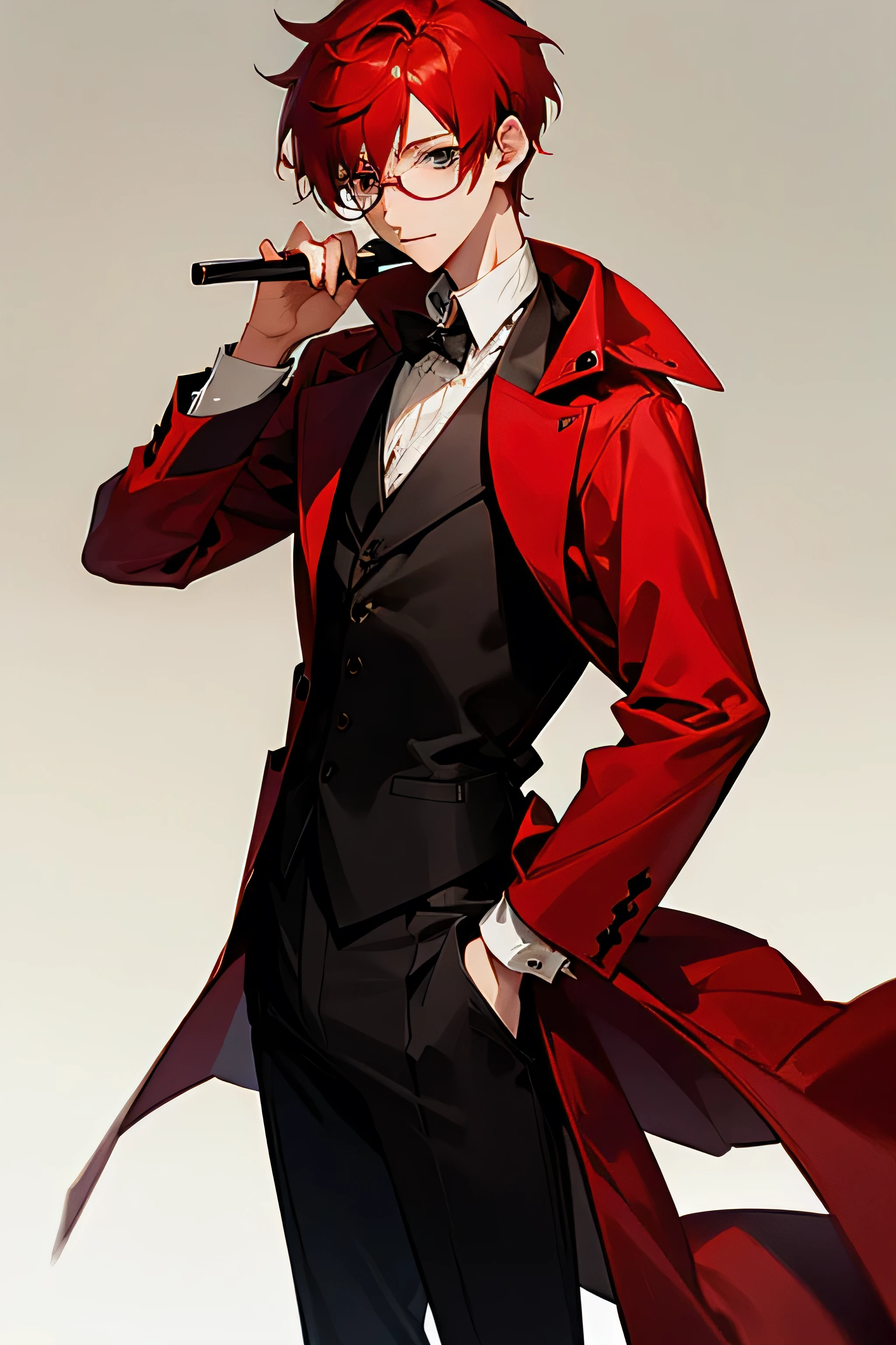 Anime guy with red hair, short hair, with glasses, wearing red coat like butler. 