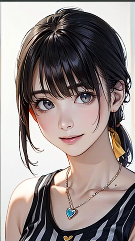 (Highest quality、8k、32K、masterpiece)、(Realistic)、(Realistic:1.2)、(High resolution)、Very detailed、Very beautiful face and eyes、1 girl、Round and small face、Tight waist、Delicate body、(close、Highest quality、Attention to detail、Rich skin detail)、(Highest quality、8k、Oil paints:1.2)、Very detailed、(Realistic、Realistic:1.37)、Bright colors、(((Brown Hair)))、(((Beautiful thighedium Hair)))、(((Pure white wall background)))、(((Pure white wall background)))、(((White and grey stripes々Wear a tank top)))、(((Laughter)))、(((Wearing a striped tank top)))、(((Look straight ahead)))、((I can see your crotch))、(((Wearing a heart necklace)))、(((彼女はWhite and grey stripesのタンクトップを着ています)))、(((Her hair is tied with a yellow ribbon)))、(((Please raise your hand)))