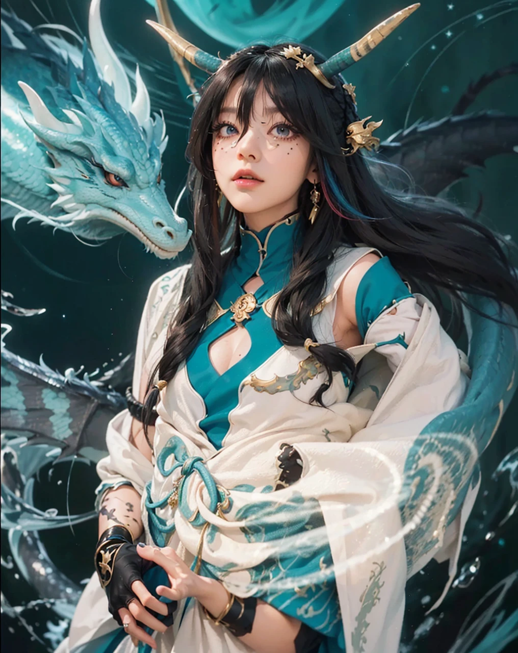 ( IMBIBITOR LUNAE_HONKAI STAR RAIL),((realistic, photorealistic)),(highlight hair)), Light reflection, (( HD )),((upper body)), (((best quality, masterpiece))), (masterpiece) (best quality) (detail) (8k) (HDR) (wallpaper) (cinematic lighting) (sharp focuasterpiece, best quality: 1.1), Real life adaption of this character, realistic outfit, realistic shadow, realistic light, realism, hyper realistic, realistic background,realistic hair,(photorealistic:1.2), (masterpiece: 1.2), (best quality: 1.3), (clear details: 1.3), ((((ultra-detailed)))), ((detailed eyes)), (extremely detailed face:1.4), (highly detailed eyelash:1.6), Japanese moon sky background,realistic Dragon,1boy, black_hair, chinese_clothes, clothing_cutout, male_focus, pointy_ears, solo, long_hair, blue_eyes, hair_between_eyes, bare_shoulders, jewelry, closed_mouth, upper_body, ahoge, multicolored_hair, horns, dragon_horns, tassel_earrings, dragon_boy
yinyuejun\(character\),dragon1\(features\),blurred background,woods,backlight,river,spray,one hand up,floating on the surface of the water,vast starry sky,Vortex ball, glow effect