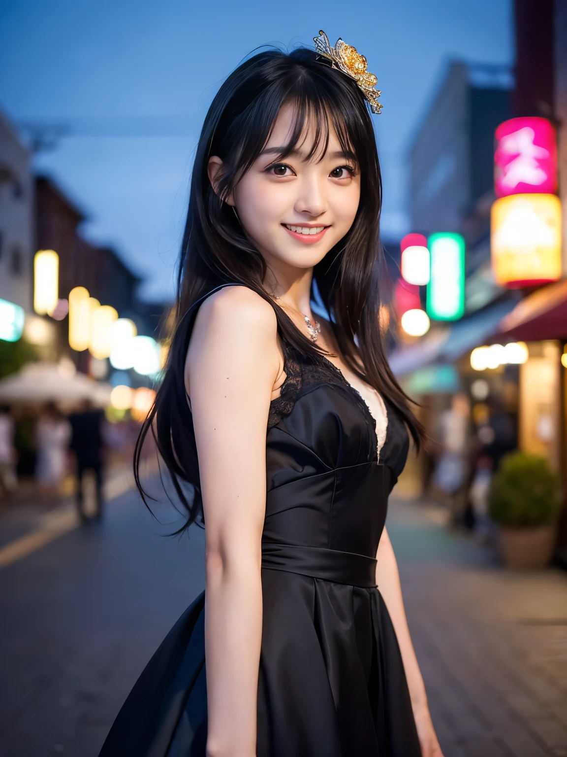 (Best-quality, Masterpiece, Ultra-High-Resolution, (Photorealistic:1.4), Raw Photo, depth of field, professional lighting, perfect anatomy, extremely details), (((Magnificent-view, beautiful outdoor-view, beautiful night-sky, beautiful stars))), ((on balcony of luxury-hotel-suite)), 1girl, 15-years-old, the most famous Japanese idol, wearing extremely lacy casual-dress with cute-design, standing, looking at viewer, innocent-smile, (extremely cute face like the most popular Japanese idol, (extremely cute and extremely big black-eyes), extremely beautiful black-long-hair, (extremely beautiful and extremely realistic skins), extremely beautiful body, extremely beautiful thighs)