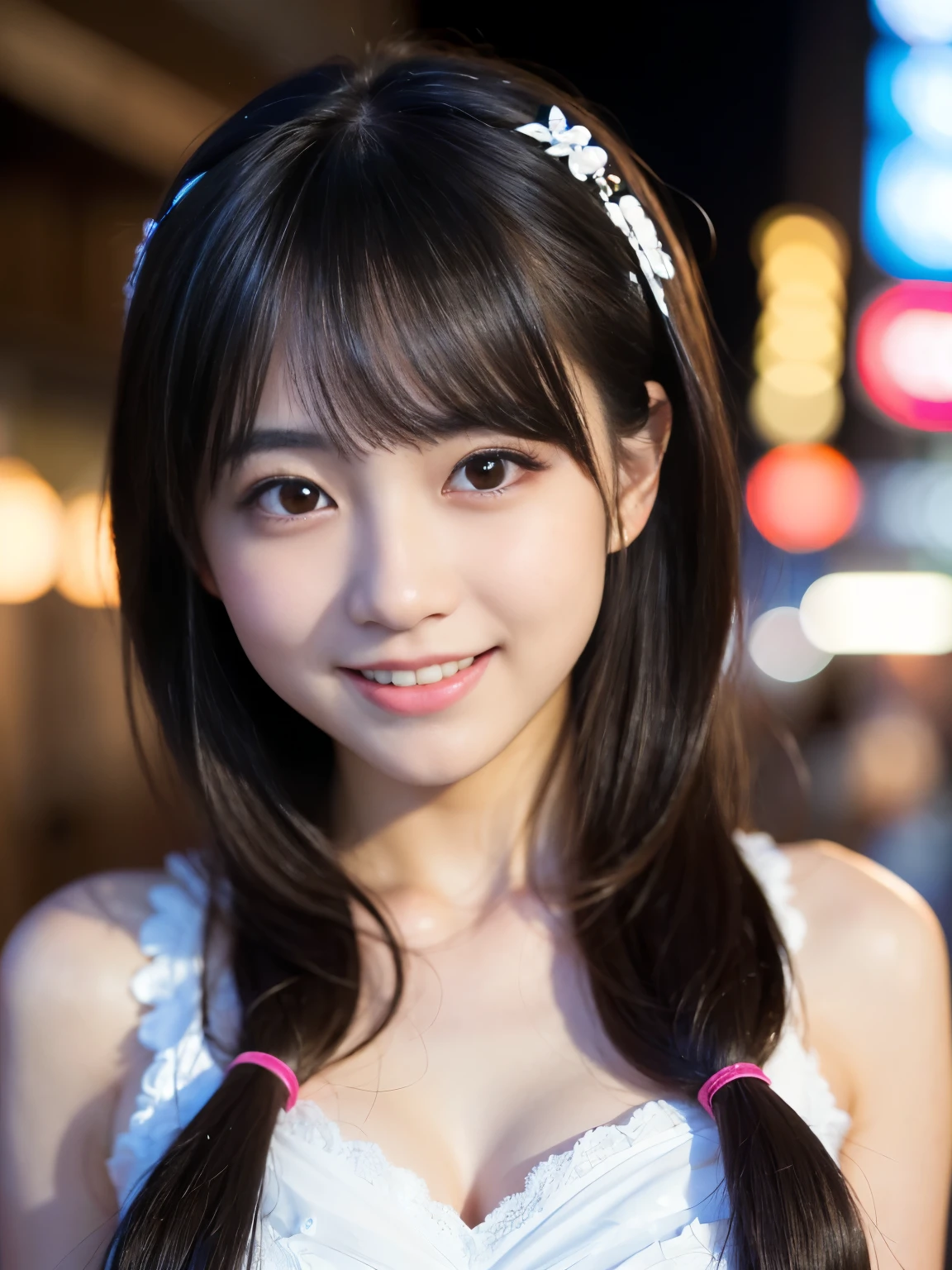 (Best-quality, Masterpiece, Ultra-High-Resolution, (Photorealistic:1.4), Raw Photo, depth of field, professional lighting, perfect anatomy, extremely details), (at midnight, on Japanese-main-street), 1girl, -yeld, thost famous Japanese idol, (((wearing gorgeous-dress with sexy-design))), (((innocent smile))), dynamic pose, ((((extremely beautiful and extremely realistic skins)))), (extremely cute face like the most popular Japanese idol), ((((extremely cute and extremely big black-eyes)))), (extremely beautiful black-long-hair), (extremely cute long-eyelashes), (extremely cute lips)