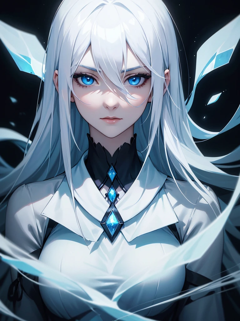 (((Portrait Photo))), She has the Appearance of a Cold and Elegant Woman, with a Slim, Slender Build, Exuding Grace and Poise. Her Extremely Long Silvery White Hair Falls Gracefully Over Her Figure, Reflecting a Subtle Icy Luminescence. Her Piercing Blue Eyes Hold a Depth of Intelligence and Enigmatic Allure, Captivating Anyone Who Meets Her Gaze. Her Expression is Calm and Composed, with a Hint of Intrigue and Quiet Strength, Reflecting Her Dignified Presence and Unyielding Spirit. (((Dark Background))), (((Portrait Photo))), (((Crisp White Shirt))), (((Hair Between Eyes)))
