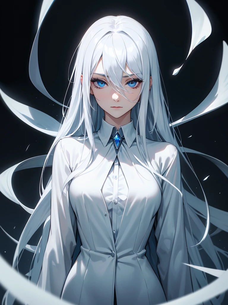 (((Portrait Photo))), She has the Appearance of a Cold and Elegant Woman, with a Slim, Slender Build, Exuding Grace and Poise. Her Extremely Long Silvery White Hair Falls Gracefully Over Her Figure, Reflecting a Subtle Icy Luminescence. Her Piercing Blue Eyes Hold a Depth of Intelligence and Enigmatic Allure, Captivating Anyone Who Meets Her Gaze. Her Expression is Calm and Composed, with a Hint of Intrigue and Quiet Strength, Reflecting Her Dignified Presence and Unyielding Spirit. (((Dark Background))), (((Portrait Photo))), (((Crisp White Shirt))), (((Hair Between Eyes)))