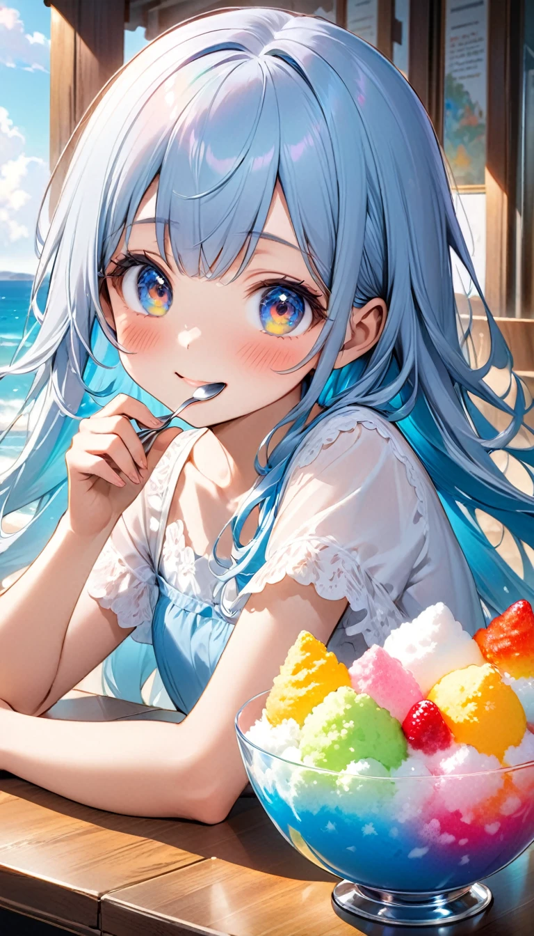 masterpiece, best quality, extremely detailed, (illustration, official art:1.1), 1 girl ,(((( light blue long hair)))), ,(((( light blue long hair)))),light blue hair, , long hair ((blush)) , cute face, big eyes, masterpiece, best quality,(((((a very delicate and beautiful girl))))),Amazing,beautiful detailed eyes,blunt bangs((((little delicate girl)))),(((tareme))),droopy eyes.(true beautiful:1.2), sense of depth,dynamic angle,,,, affectionate smile, (true beautiful:1.2),,(tiny 1girl model:1.2),)(flat chest), (highest quality, Very detailed, up to date, Vibrant, Ultra-high resolution, High Contrast, masterpiece 、highest quality, Best aesthetics), Portraiture、girl、solo, slim, , Bright colors、Beautiful fine details、Beautiful lip detail、 loose fit, short pants, ((Eating shaved ice in a glass bowl with a spoon on the table, rainbow color)), sit in the seaside beautiful cafe restaurant with while wall, smaile:1.5, upper body:1,