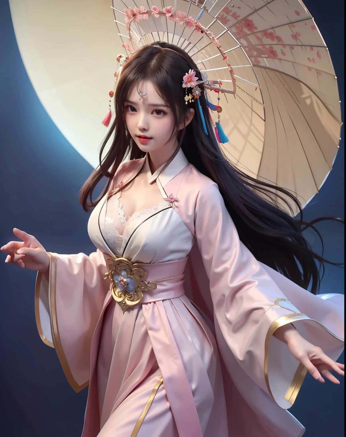 (8k, RAW photo:1.2), best quality, ultra high res,dramatic angle,(fluttered detailed color splashs), (illustration),(((1 girl))),(long hair),(rain:0.9), (Headdress:1.4),There is an ancient palace beside the girl,Hanfu,(Key Points),Color ink painting,(Splash of Color),Splash of Color,(((colorful))),(sketch:0.8) , Masterpiece, best quality, beautiful painted, highly detailed,(denoising:0.6),[splash ink],((ink refraction)), (beautiful detailed sky),moon,highly,detaild,(masterpiece, best quality, extremely detailed） CG Unity 8k Wallpaper，masterpiece，best quality，Ultra Detailed），（Lycoris）. hanfu open v   open V-chested clothes Thin silk lace dress , (huge ，cleavage),, white pinkand gren，best qualtiy，tmasterpiece，Ultra-high resolution，（Reality：1.4），RAW photogr，（True skin texture：1.3），（filmgrain：1.3），（Selfie angle），1个Giant Breast Girl，Beautiful eye and face details，tmasterpiece，Best quality at best，，The chest more exposed， detailed hair, bra pink , detail 8k, upper body, lace petticoat, posion lieing on bed.