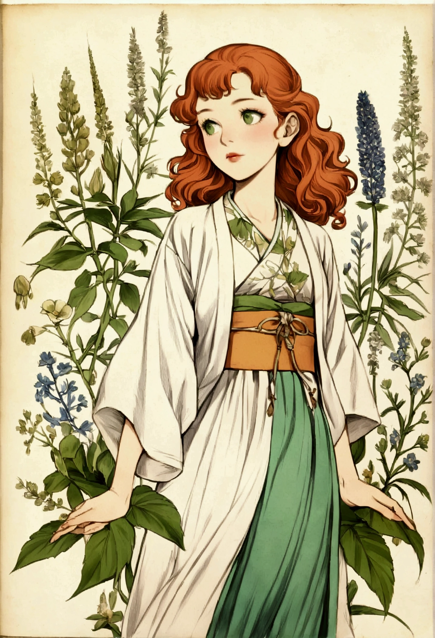 Menela style, by Ernst Haeckel, flowers in Irish traditional dress,, beautiful girls, botanical art, exquisite illustrations of beautiful Japanese women with auburn wavy hair,artistic