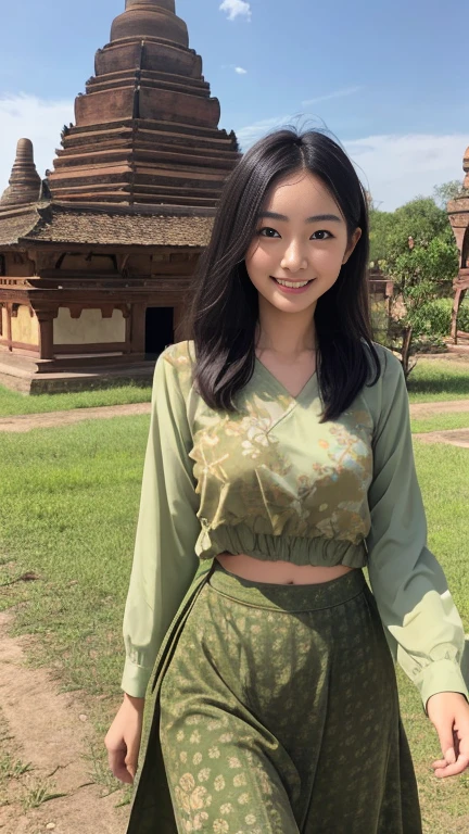 beautiful girl with cute dimples, smiling, wearing burmese dress, walking in Bagan's street, ACMM LS OUTFIT, WEARING ACMM TOP OLIVE GREEN ACMM TOP; LONG SLEEVES, WEARING ACMM LONG SKIRT, OLIVE GREEN ACMM LONG SKIRT, PRINTED SKIRT OUTDOORS, SCENERY, TRADITIONAL MEDIA, SKY, DAY, PHOTO BACKGROUND, REAL WORLD LOCATION, ARCHITECTURE, NATURE, RUINS LANDSCAPE, BAGAN ANCIENT PAGODA BACKGROUND