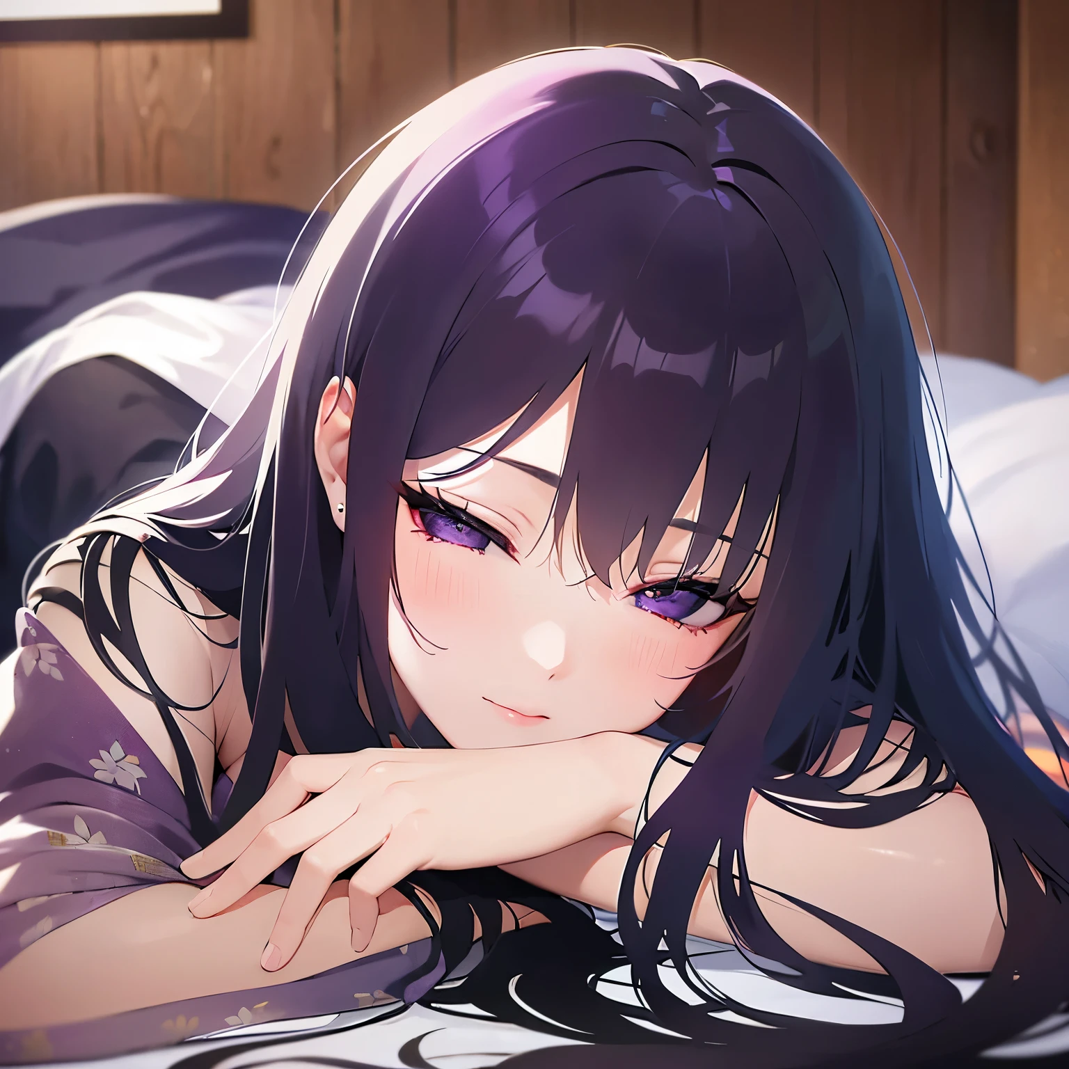 closed eyes,
Realistic, real person, (pale skin: 1.2), RAW photo, photorealistic, shiny skin, shiny hair、
(A 25-year-old woman with straight hair and bangs) and (medium hair) and (black hair) and (purple eyes) , 
(purple) and (yukata),blush,Lying face down on the futon、night