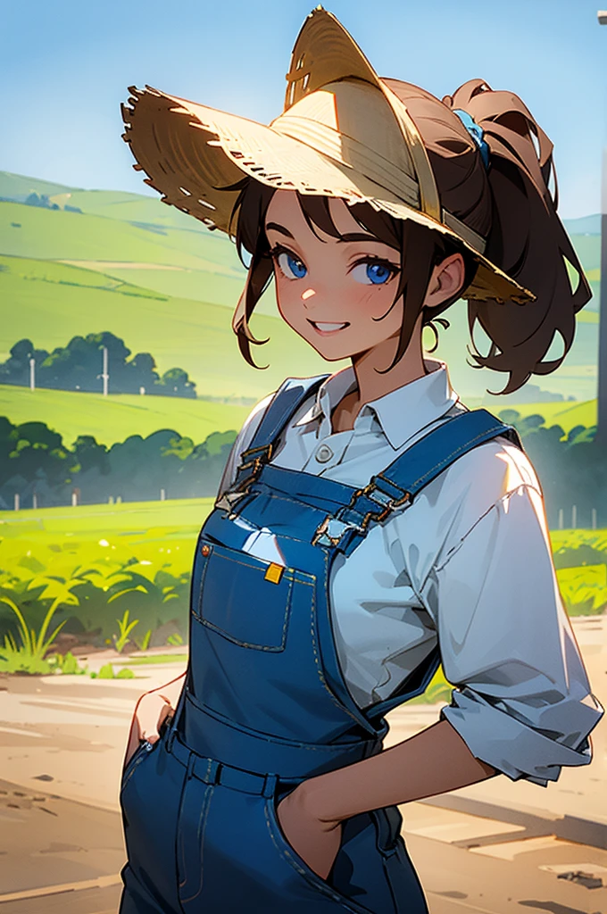 1female, brown hair, ponytail, sunhat, blue eyes, grinning, happy, white shirt, blue overalls, farm background, detailed face, hands to side, standing on path