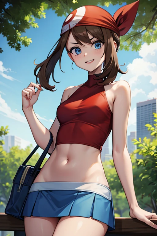 adult_may_from_pokemon, (red high_neck_halter_top | bare shoulders | neckholder), (short_white_and_blue_miniskirt | pleated), small_midriff, (very long hair | brown hair), red bandana, blue eyes, motivated, evil_smile, bag, nature, skinny, female, high resolution, 8k, cowboy shot