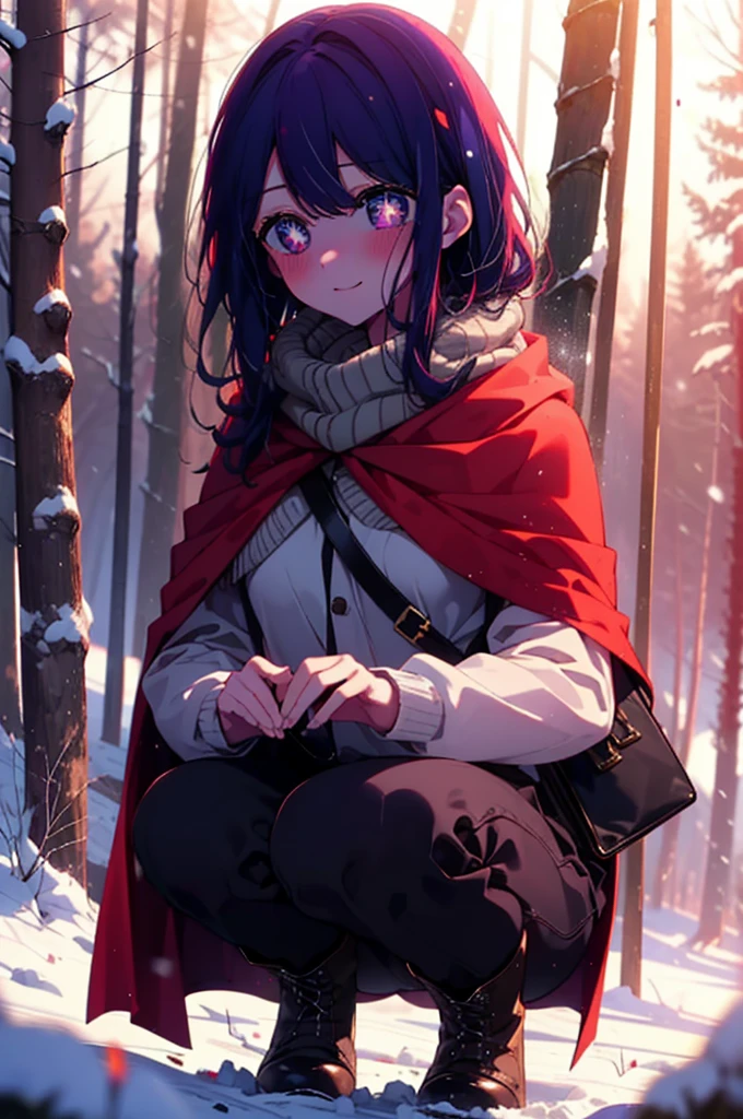 aihoshino, Ai Hoshino, Long Hair, bangs, (Purple eyes:1.1), Purple Hair, (Symbol-shaped pupil:1.5), smile,,smile,blush,white breath,
Open your mouth,snow,Ground bonfire, Outdoor, boots, snowing, From the side, wood, suitcase, Cape, Blurred, , forest, White handbag, nature,  Squat, Mouth closed, Cape, winter, Written boundary depth, Black shoes, red Cape break looking at viewer, Upper Body, whole body, break Outdoor, forest, nature, break (masterpiece:1.2), Highest quality, High resolution, unity 8k wallpaper, (shape:0.8), (Beautiful and beautiful eyes:1.6), Highly detailed face, Perfect lighting, Extremely detailed CG, (Perfect hands, Perfect Anatomy),