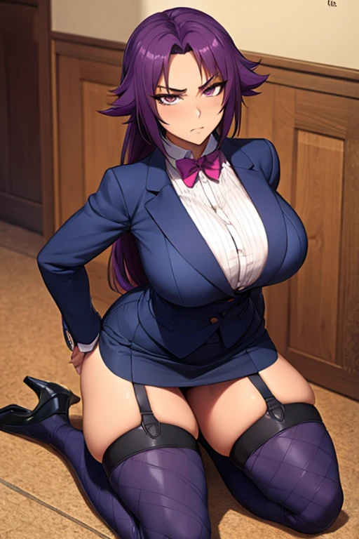 Super-detailed, 8k HD, Yoruichi Shihouin, 1 girl, solo, beautiful and detailed face, detailed hand, long purple hair, slender hips, thick thighs, huge and droopy breast, huge round ass, black office suit and mini skirt, cravat, fishnet thigh high stocking, in the hallway, serious face, kneeling on the floor in front of the viewer, look up, facing viewer, point of view from above