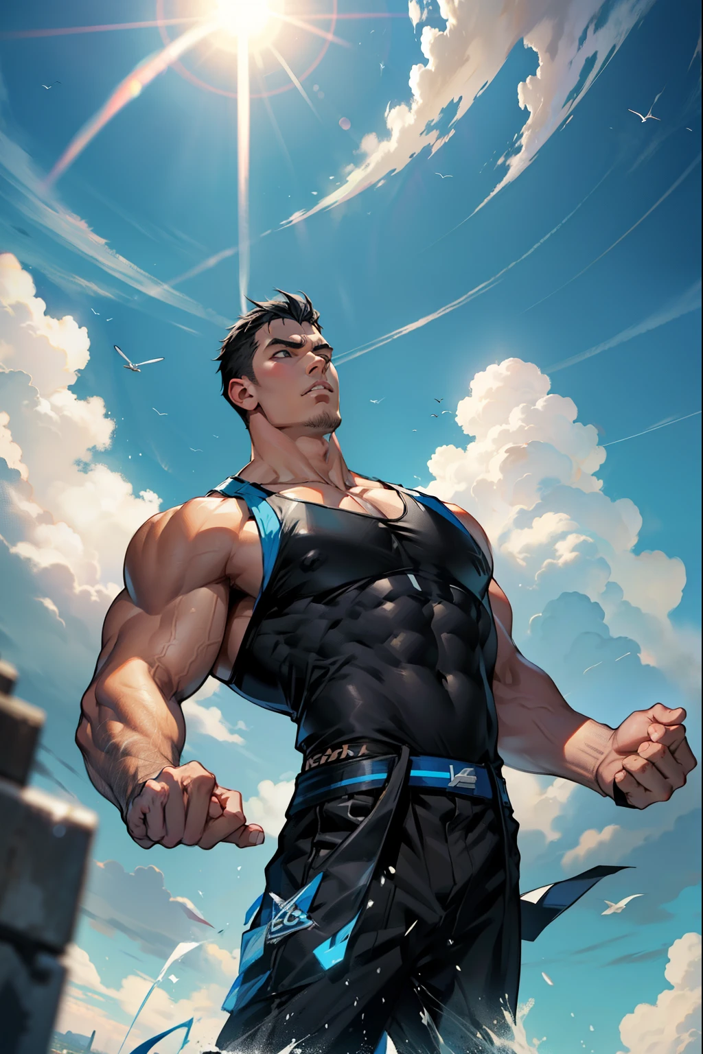 boys 26 Years old, Serious face, ((black singlets)), black pants, black hair, floating on air, levitate on sky, blue sky, cloud
