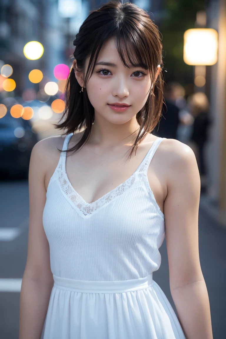 black eye、woman 1人、20-year-old、(((woman)))、solo、Realistic、Highest quality、Photorealistic、masterpiece、8k、High resolution、solo、Highly detailed face、(Professional Lighting、Bokeh Depth of Field)、(Particles of light、Lens flare、Luminous Particles:0.6)、(Dynamic Pose:1.2)、Soft lighting、Top view angle、Fashionable and trendy atmosphere、Japanese、street、Tokyo、city、((Daytime)) 、null、((Viewer Perspective:1))、(Looking into the camera)、(Portrait:0.6)、Cowboy Shot、Gorgeous、Are standing、Maintains natural facial proportions、Broad shoulders、Whole Body Ezbian、(Small breasts)、 (Medium Hair)、Brown Hair、Floating Hair、Lips、lipstick、A seductive smile、Floating Hair、Laughter、Open your mouth、(dress)、(ponytail)、Sheol、(Mole under the eye:1)、dressの色はランダム