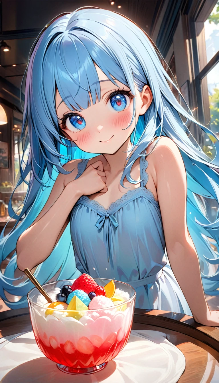 masterpiece, best quality, extremely detailed, (illustration, official art:1.1), 1 girl ,(((( light blue long hair)))), ,(((( light blue long hair)))),light blue hair, , long hair ((blush)) , cute face, big eyes, masterpiece, best quality,(((((a very delicate and beautiful girl))))),Amazing,beautiful detailed eyes,blunt bangs((((little delicate girl)))),(((tareme))),droopy eyes.(true beautiful:1.2), sense of depth,dynamic angle,,,, affectionate smile, (true beautiful:1.2),,(tiny 1girl model:1.2),)(flat chest), (highest quality, Very detailed, up to date, Vibrant, Ultra-high resolution, High Contrast, masterpiece 、highest quality, Best aesthetics), Portraiture、girl、solo, , ,、Beautiful fine details、Beautiful lip detail、 loose fit,  ((Eating shaved ice in a glass bowl with a spoon on the table, rainbow color)), sit in the seaside beautiful cafe restaurant with while wall, smaile:1.5, upper body