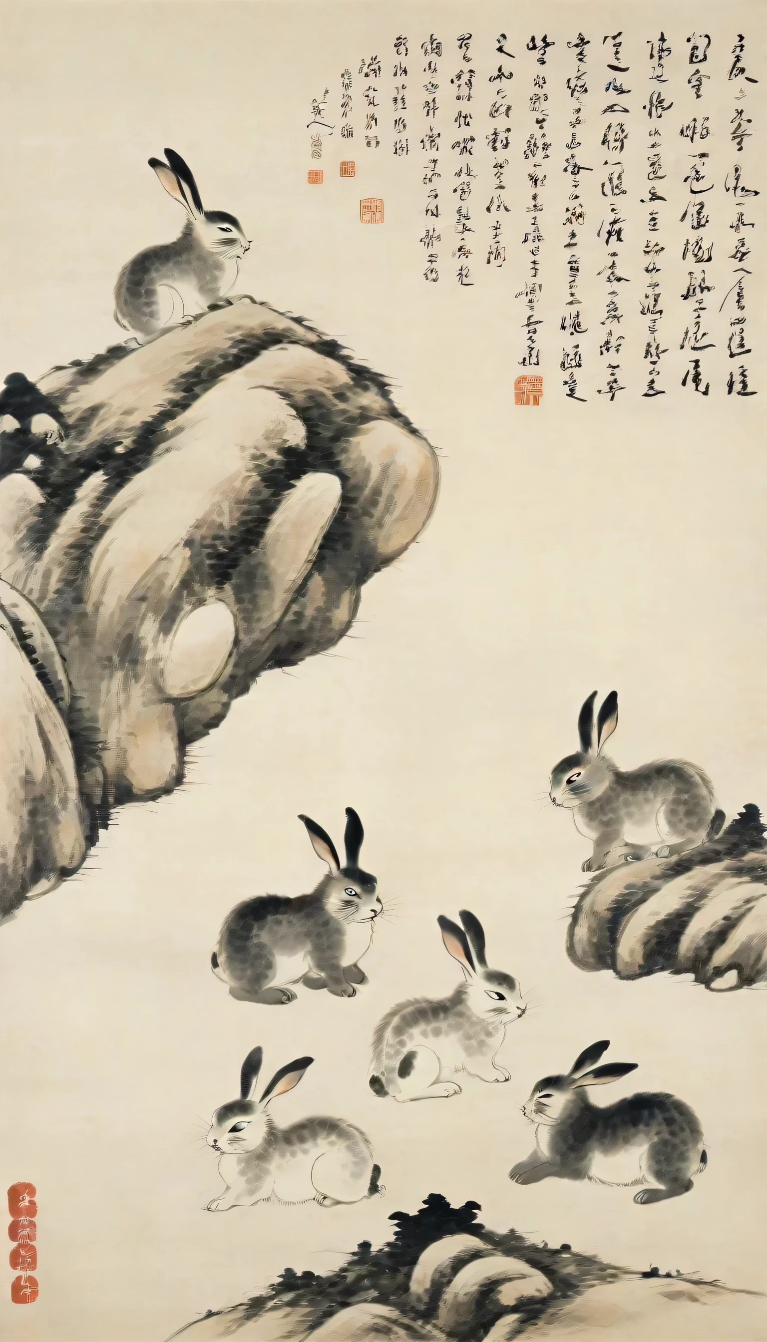 Chinese landscape painting,High resolution,No humans,A group of cute rabbits,the art of chinese calligraphy,Asian Artwork,Traditional Chinese Painting,ink A group of cute rabbits drawing,calligraphy,parchment,Vertical composition,minimum,Brush strokes,cultural,Seal Art,antique,artistic,Single subject,Text Overlay,Fine art,Chinese Text,Ink Painting,