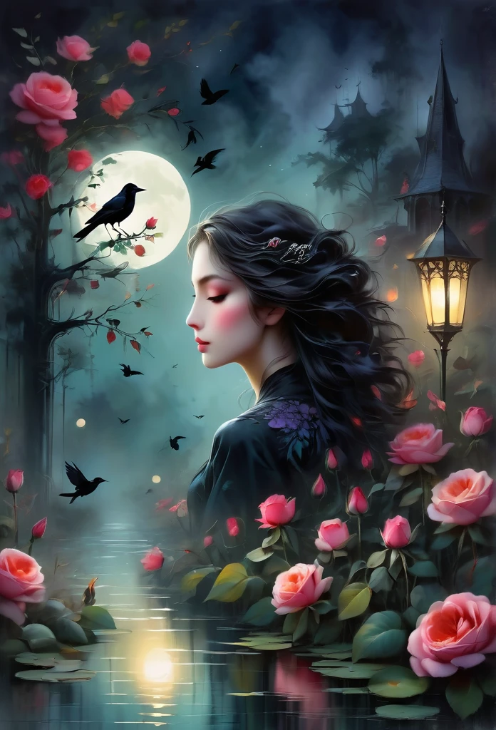 (dark atmosphere,Goethe-Mode,bright colors),(best quality,Super cute,),sexy Gothic-Rabe,Rose Garden at night,Crow feathers,black crow,The moonlight reflects her elegant silhouette,Soft shadows and soft highlights,Contrasting colors create a lively atmosphere,dark and atmospheric color palette,Subtle yet dramatic lighting effects,Sublime darkness mixed with exquisite moonlight