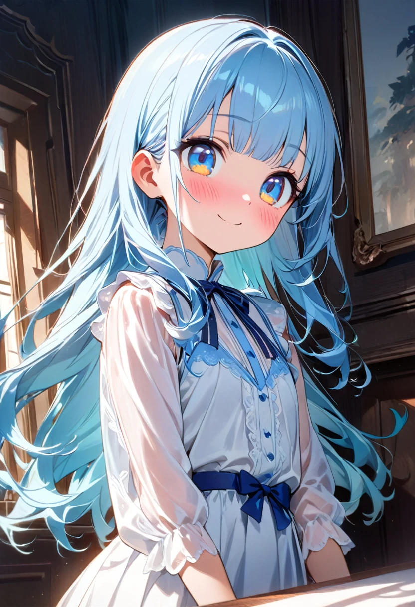 masterpiece, best quality, extremely detailed, (illustration, official art:1.1), 1 girl ,(((( light blue long hair)))), ,(((( light blue long hair)))),light blue hair, , long hair ((blush)) , cute face, big eyes, masterpiece, best quality,(((((a very delicate and beautiful girl))))),Amazing,beautiful detailed eyes,blunt bangs((((little delicate girl)))),(((tareme))),droopy eyes.(true beautiful:1.2), sense of depth,dynamic angle,,,, affectionate smile, (true beautiful:1.2),,(tiny 1girl model:1.2),)(flat chest), (highest quality, Very detailed, up to date, Vibrant, Ultra-high resolution, High Contrast, masterpiece 、highest quality, Best aesthetics), Portraiture、girl、solo, , ,、Beautiful fine details、Beautiful lip detail、 loose fit, ((Eating shaved ice in a glass bowl with a spoon on the table, rainbow color)), sit in the seaside beautiful cafe restaurant with while wall, smaile:1.5, upper body