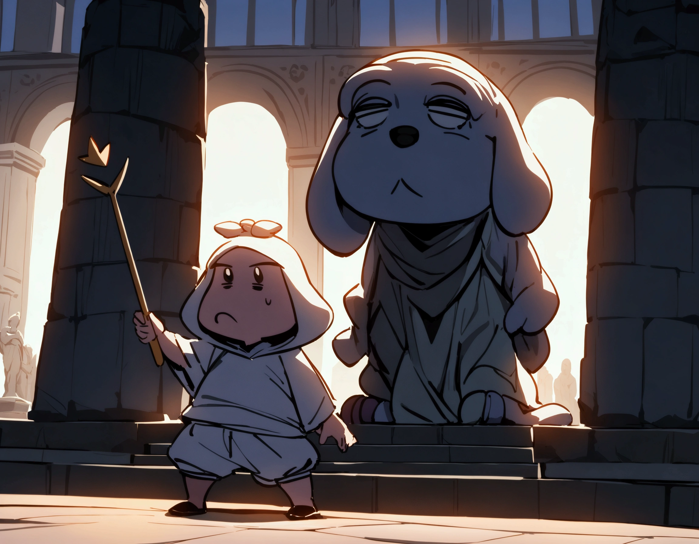 Cartoon character droopy (sad, baggy shirt, baggy shorts, 1 javelin)is preparing to do the javelin toss at the Olympic games, this scene is immortalized in a granite statue