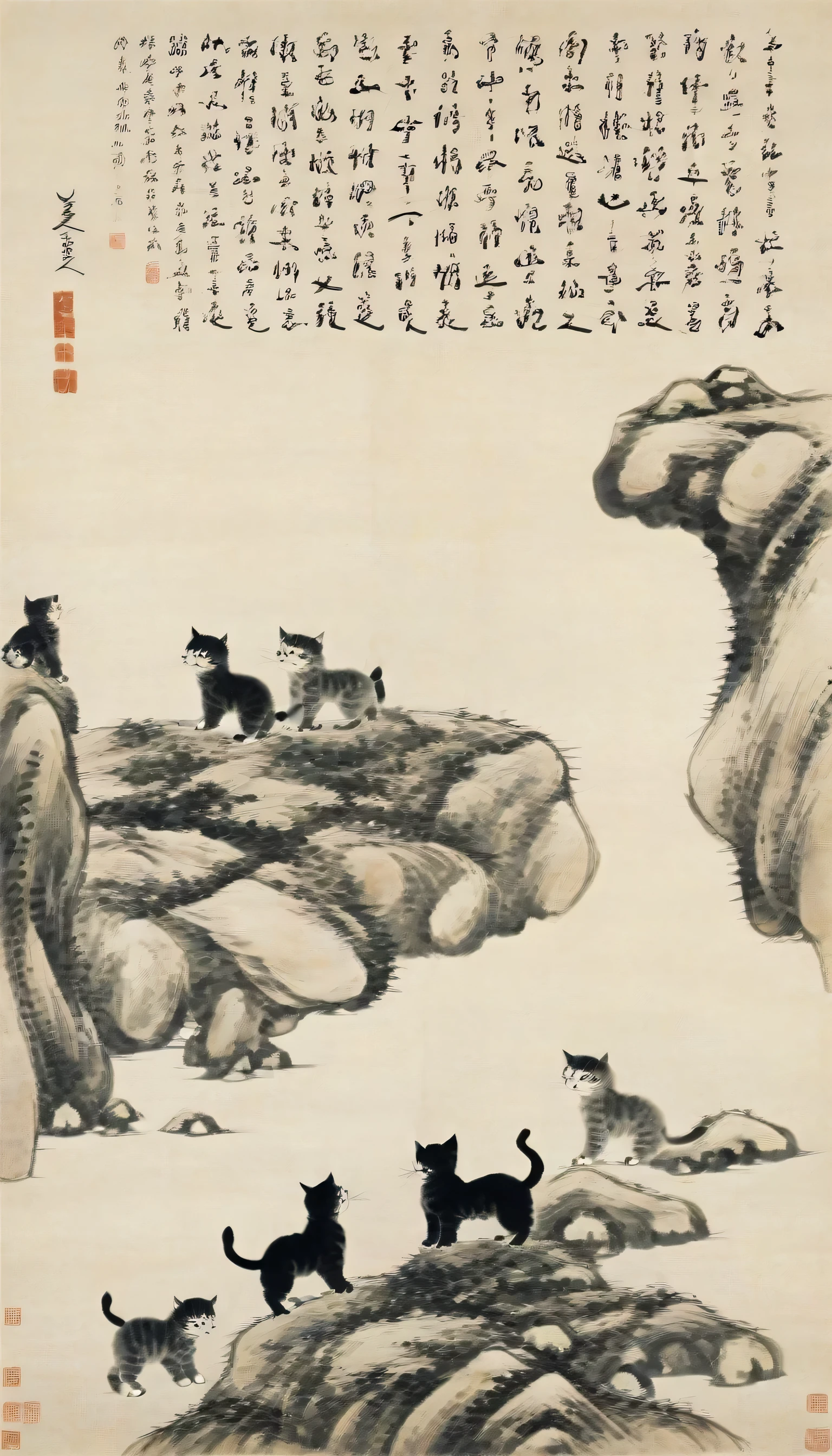 Chinese landscape painting,High resolution,No humans,flock of kittens,the art of chinese calligraphy,Asian Artwork,Traditional Chinese Painting,ink flock of kittens drawing,calligraphy,parchment,Vertical composition,Minimum,Brush strokes,cultural,Seal Art,antique,artistic,Single subject,Text Overlay,Fine art,Chinese Text,Ink Painting,