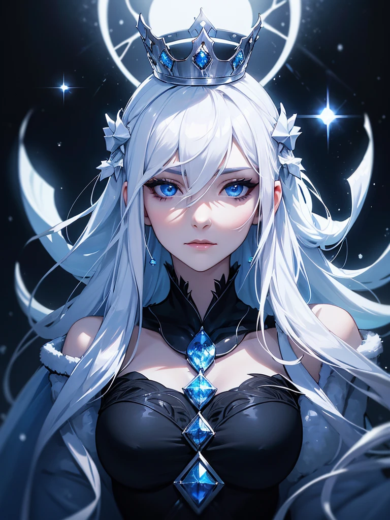 (((Portrait Photo))), She has the Appearance of a Cold and Elegant Woman, with a Slim, Slender Build, Exuding Grace and Poise. Her Extremely Long Silvery White Hair Falls Gracefully Over Her Figure, Reflecting a Subtle Icy Luminescence. Her Piercing Blue Eyes Hold a Depth of Intelligence and Enigmatic Allure, Captivating Anyone Who Meets Her Gaze. Her Expression is Calm and Composed, with a Hint of Intrigue and Quiet Strength, Reflecting Her Dignified Presence and Unyielding Spirit. (((Dark Background))), (((Portrait Photo))), (((Legendary Queen of Winter))), (((Hair Between Eyes))), (((Winter Hair Ornaments)))