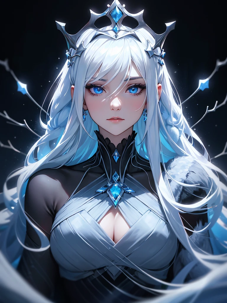 (((Portrait Photo))), She has the Appearance of a Cold and Elegant Woman, with a Slim, Slender Build, Exuding Grace and Poise. Her Extremely Long Silvery White Hair Falls Gracefully Over Her Figure, Reflecting a Subtle Icy Luminescence. Her Piercing Blue Eyes Hold a Depth of Intelligence and Enigmatic Allure, Captivating Anyone Who Meets Her Gaze. Her Expression is Calm and Composed, with a Hint of Intrigue and Quiet Strength, Reflecting Her Dignified Presence and Unyielding Spirit. (((Dark Background))), (((Portrait Photo))), (((Legendary Queen of Winter))), (((Hair Between Eyes))), (((Winter Hair Ornaments)))