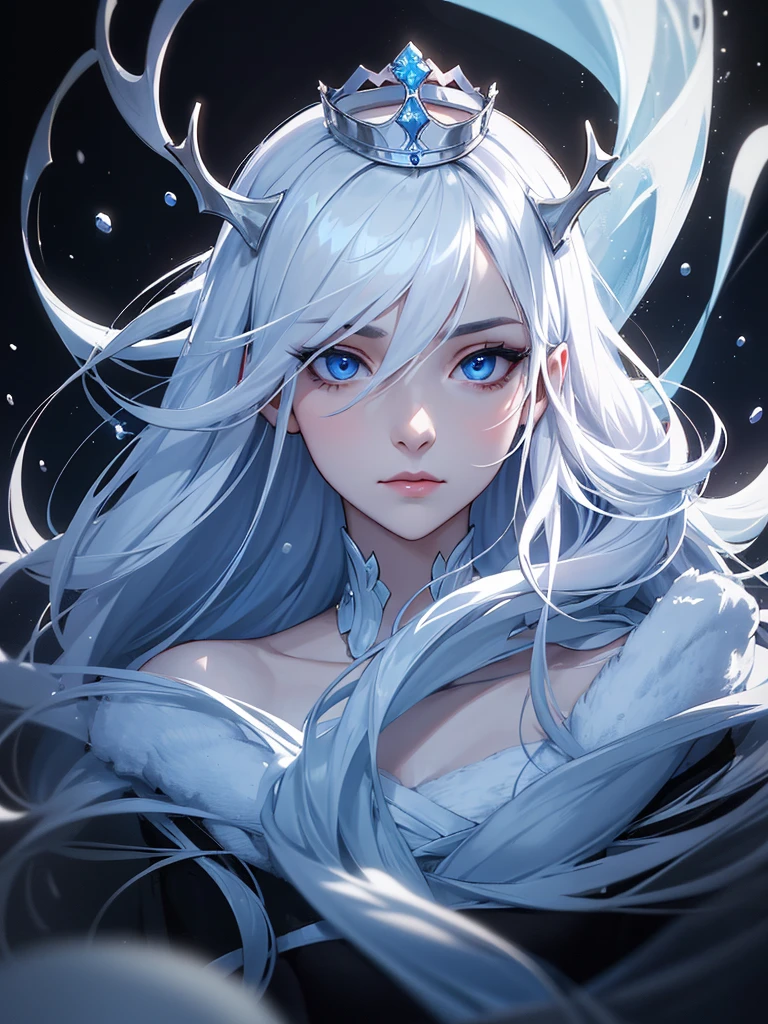 (((Portrait Photo))), She has the Appearance of a Cold and Elegant Woman, with a Slim, Slender Build, Exuding Grace and Poise. Her Extremely Long Silvery White Hair Falls Gracefully Over Her Figure, Reflecting a Subtle Icy Luminescence. Her Piercing Blue Eyes Hold a Depth of Intelligence and Enigmatic Allure, Captivating Anyone Who Meets Her Gaze. Her Expression is Calm and Composed, with a Hint of Intrigue and Quiet Strength, Reflecting Her Dignified Presence and Unyielding Spirit. (((Dark Background))), (((Portrait Photo))), (((Legendary Queen of Winter))), (((Hair Between Eyes))), (((Winter Hair Ornaments)))