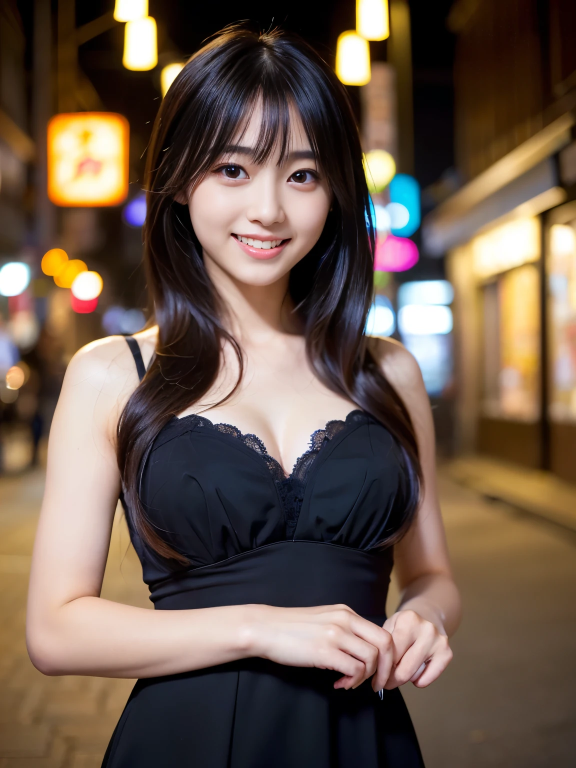 (Best-quality, Masterpiece, Ultra-High-Resolution, (Photorealistic:1.4), Raw Photo, depth of field, professional lighting, perfect anatomy, extremely details), (at midnight, on Japanese-main-street), 1girl, -yeld, thost famous Japanese idol, (((wearing gorgeous-dress with sexy-design))), (((innocent smile))), dynamic pose, ((((extremely beautiful and extremely realistic skins)))), (extremely cute face like the most popular Japanese idol), ((((extremely cute and extremely big black-round-eyes)))), (extremely beautiful black-long-hair), (extremely cute long-eyelashes), (extremely cute lips)