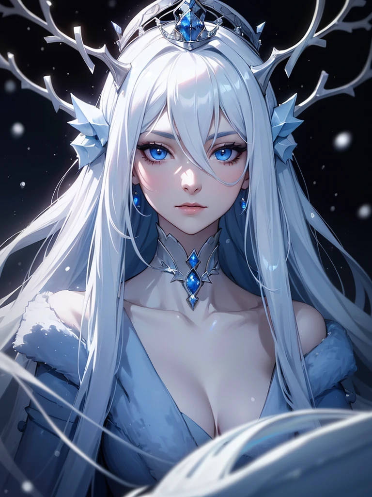 (((Portrait Photo))), She has the Appearance of a Cold and Elegant Woman, with a Slim, Slender Build, Exuding Grace and Poise. Her Extremely Long Silvery White Hair Falls Gracefully Over Her Figure, Reflecting a Subtle Icy Luminescence. Her Piercing Blue Eyes Hold a Depth of Intelligence and Enigmatic Allure, Captivating Anyone Who Meets Her Gaze. Her Expression is Calm and Composed, with a Hint of Intrigue and Quiet Strength, Reflecting Her Dignified Presence and Unyielding Spirit. (((Dark Background))), (((Portrait Photo))), (((Legendary Queen of Winter))), (((Hair Between Eyes))), (((Winter Hair Ornaments)))