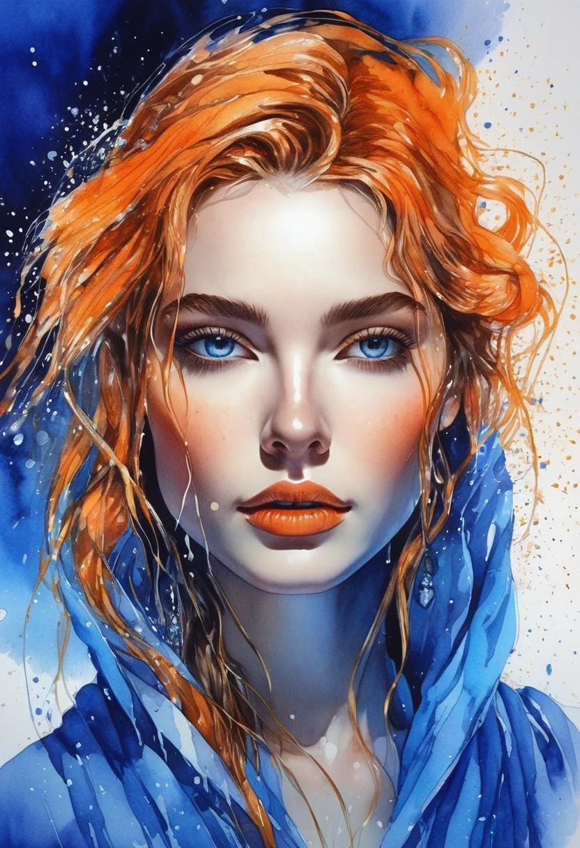 women beautiful neon fictional , ancient stories, High detail, portrait, light studio, colorful, high precision, strong, beautiful, classic, science, Renaissance, wet water color ink, color orange and blue, painting watercolor, ultra clear
