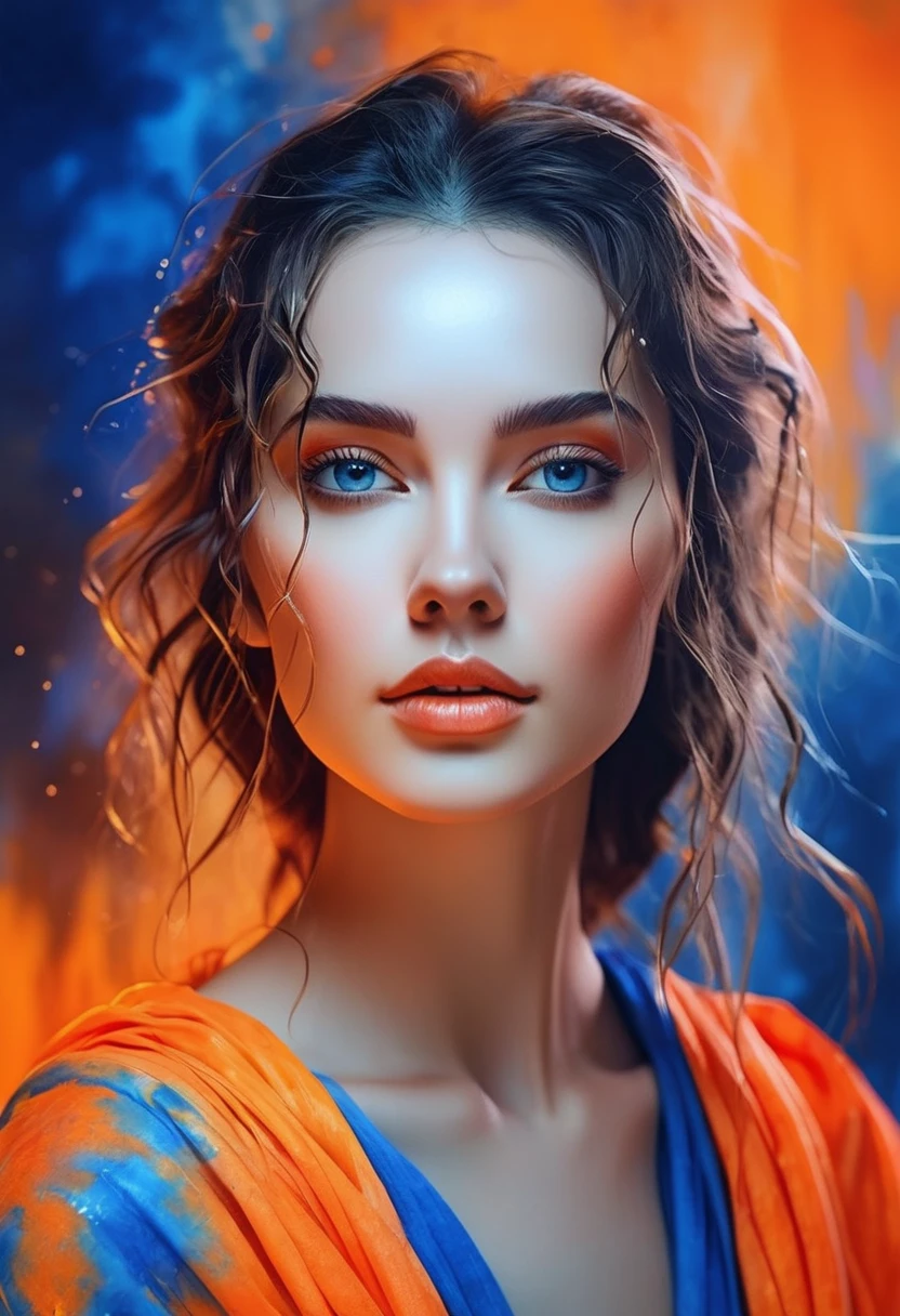 women beautiful neon fictional , ancient stories, High detail, portrait, light studio, colorful, high precision, strong, beautiful, classic, science, Renaissance, wet water color ink, color orange and blue, painting watercolor, ultra clear