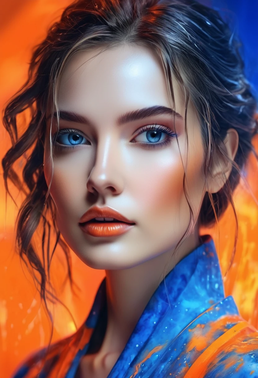 women beautiful neon fictional , ancient stories, High detail, portrait, light studio, colorful, high precision, strong, beautiful, classic, science, Renaissance, wet water color ink, color orange and blue, painting watercolor, ultra clear