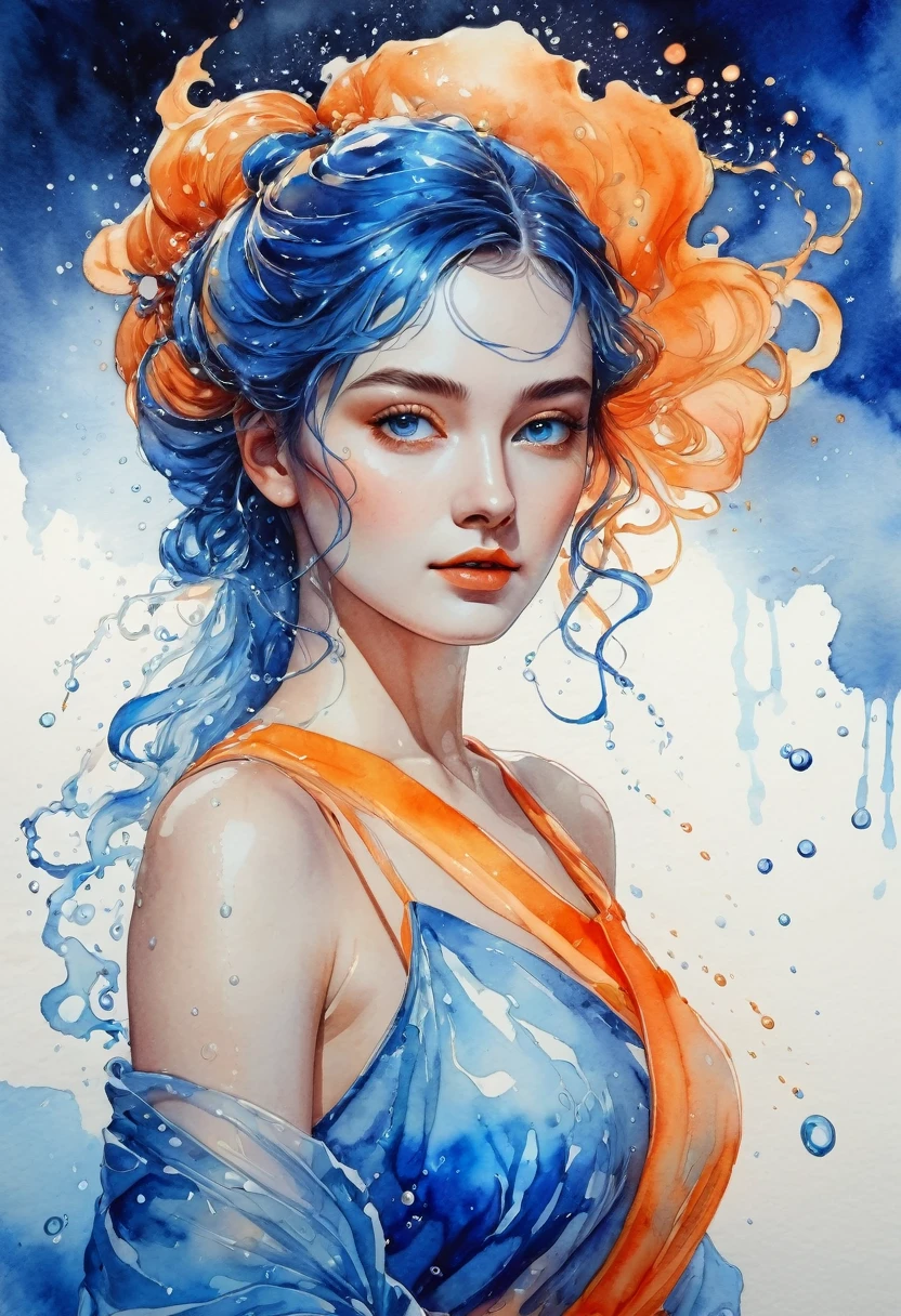 women beautiful neon fictional , ancient stories, High detail, portrait, light studio, colorful, high precision, strong, beautiful, classic, science, Renaissance, wet water color ink, color orange and blue, painting watercolor, ultra clear
