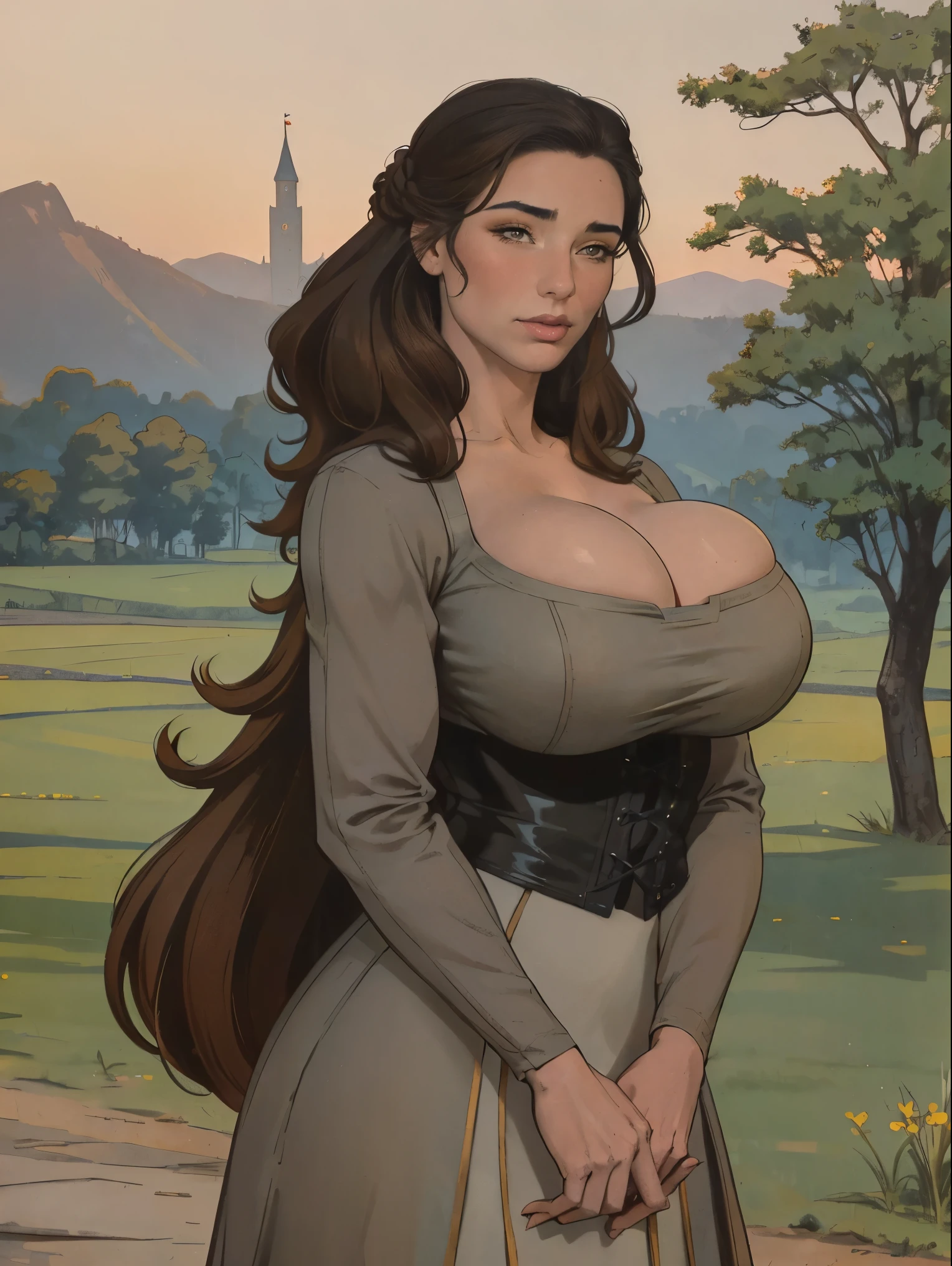 Gorgeous and sultry busty athletic (thin) brunette peasant with sharp facial features wearing a modest updo, medieval hair cover, rough-spun grey and brown medieval dress, long sleeves, wide neck, long dress, tight bodice, corset, Middle Ages, cottage, farm, exterior, trees, countryside, evening, sunset.