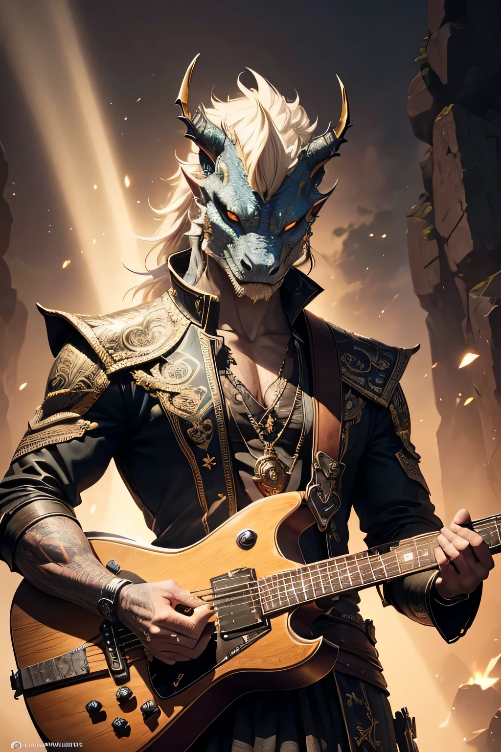 ((Best quality)), ((masterpiece)), ((realistic cartoon)), ((perfect character)):

Dragon head Rockstar with holding an electric guitar,In this stunning and highly detailed realistic cartoon, we present a Rockstar with a dragon head. The Dragonoid Rockstar stands tall with, clad in intricate garment, complete with flowing garments and ornate patterns. His face is high tower shield, adding to his angelic and stunning appearance.

The Product Owner channels the power of light, conjuring dazzling rays and holy energies. The scene is set in a thematically rich environment, filled with magical vibes, and mystical symbols that enhance the ambiance. The lighting, crafted with a cinematic touch, casts a spellbinding glow, emphasizing the magical aura surrounding the Dragonoid Rockstar.

Every element of this masterpiece is carefully designed to create a sense of realism and immersion. The intricacies of the Dragonoid Rockstar clothing, the mesmerizing effects of his conjurations, and the level of detail in his weathered face all contribute to a captivating visual experience. This artwork is presented in stunning UHD resolution, allowing you to appreciate every nuance and intricacy in breathtaking detail.

Portrait,Eye level, scenic, masterpiece,mtg art,magic the gathering art.
