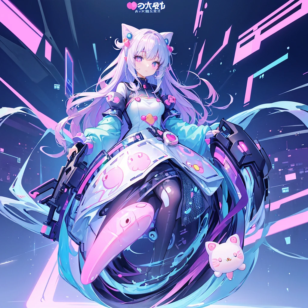 (Kawaii Character:1.4), Cyber Princess, She is immersed in cyber networks, (Special effects), masterpiece, Highest quality, Clear images, Clear images, Clear images, Unrealistic image, Highly detailed background,kawaii tech,