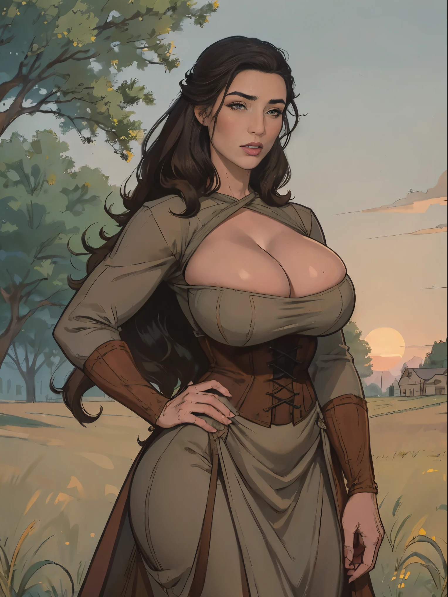 Gorgeous and sultry busty athletic (thin) brunette peasant with sharp facial features wearing a modest updo, medieval hair cover, rough-spun grey and brown medieval dress, long sleeves, wide neck, long dress, tight bodice, corset, Middle Ages, cottage, farm, exterior, trees, countryside, evening, sunset.